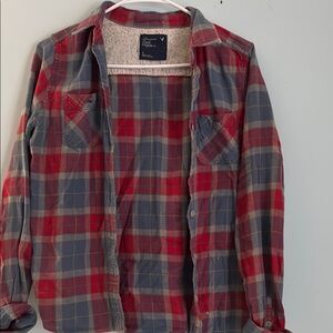 American Eagle Outfitters Red and Gray Plaid Shirt Jacket